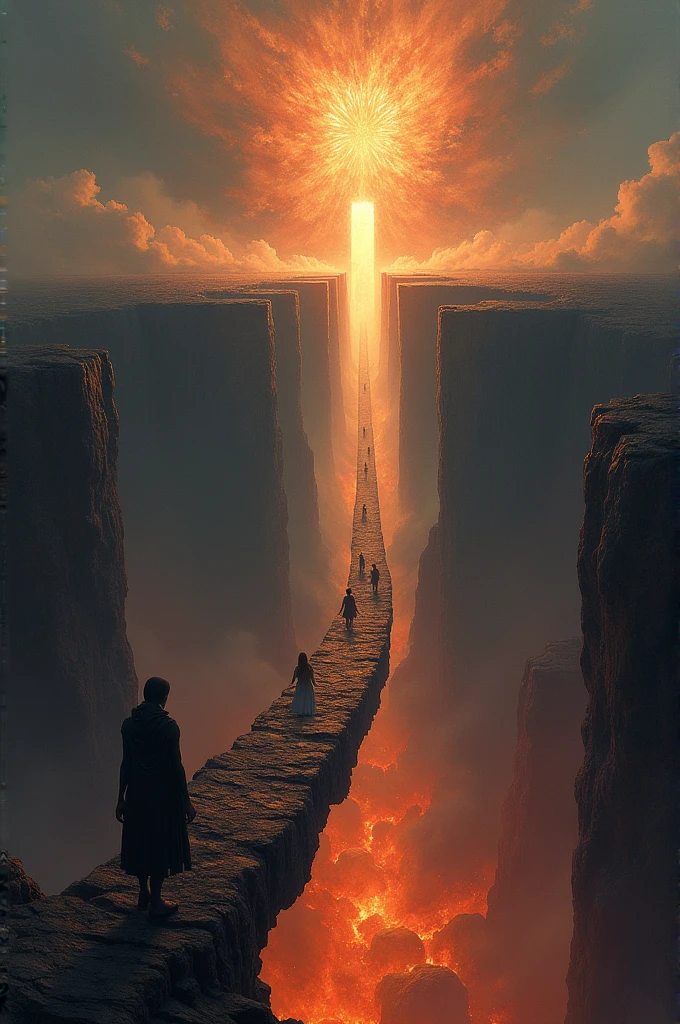 The Shirat Bridge is described as a very thin and long bridge., spread over a sea of blazing fire. In the distance, looks like the shining door of heaven, while under the bridge, there is an abyss of hell with burning fire. People seemed to be walking carefully., there is something sliding fast, and some are struggling to stay on the bridge.