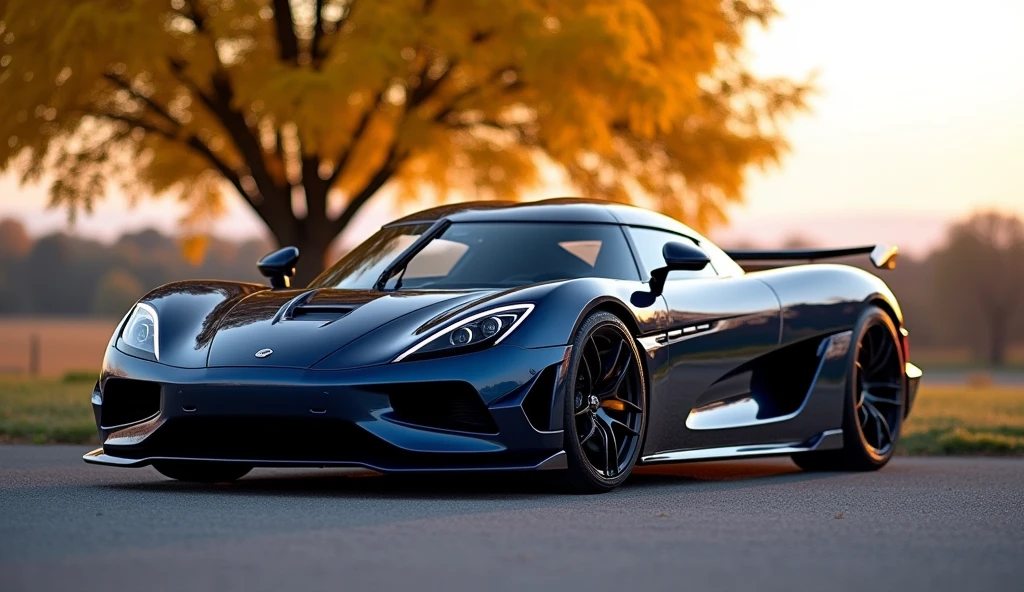 Horizontal image of front and side view of the Koenigsegg Jesko car and the whole sky is of evening time the car is standing in front of the yellow colour tree and the colour of the car is navy blue