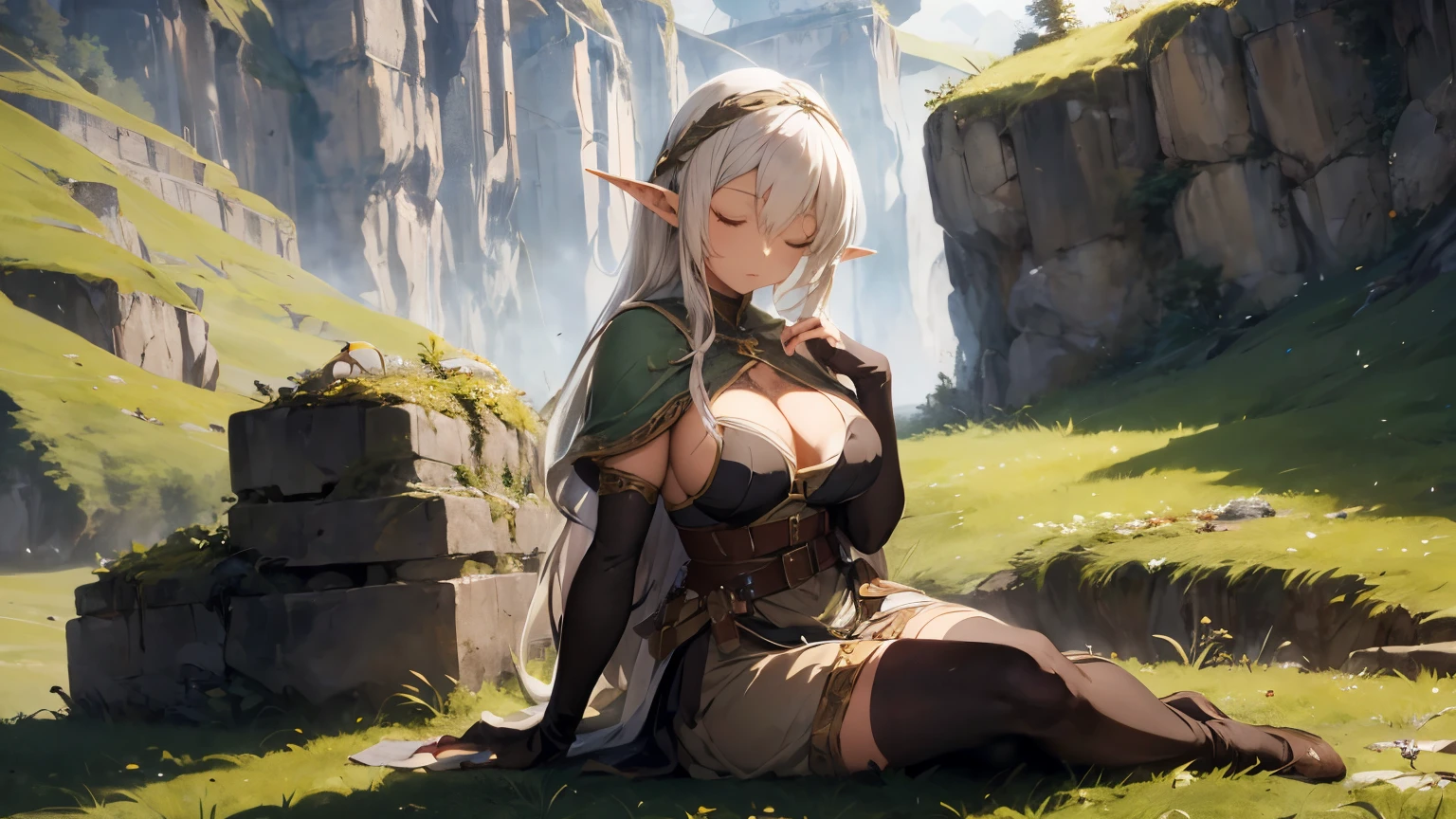 cinematic, sexy beautiful elf woman with big breast, brown dress, white hair, sleep closed eyes, medieval, sitting on the ground, lining beside rock, the center of small hill, in vast green field.