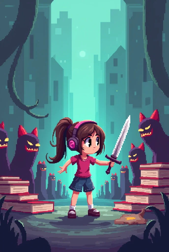 Lofi girl with
sword as pixel pencil. fighting evil pixel books. 1990 game style