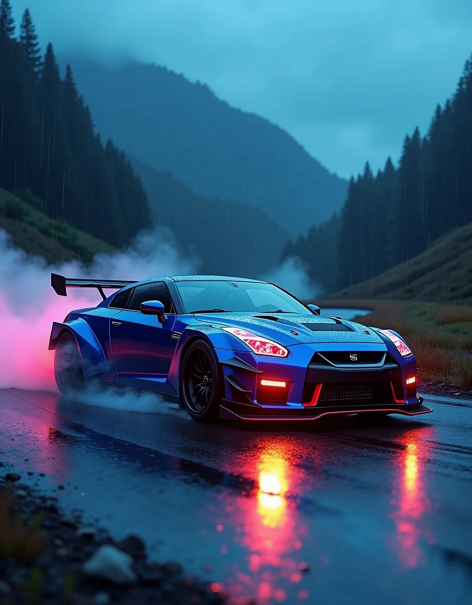 Blue text in a 3D font that spells out "GTR Nismo" at the top of the picture above the GTR Nismo,  (masterpiece), best quality, ultra-detailed, 8K), 2024 GTR Nismo, street racing-inspired, Drifting inspired, LED, ((Twin headlights)), (((Bright neon color racing stripes))), (Black racing wheels), Wheel spin showing motion, Show car in motion, Burnout, wide body kit, modified car, racing livery, masterpiece, best quality, realistic, ultra highres, (((depth of field))), (full dual color neon lights:1.2), (hard dual color lighting:1.4), (detailed background), (masterpiece:1.2), (ultra detailed), (best quality), intricate, comprehensive cinematic, magical photography, (gradients), glossy, Drifting, going fast, night, bright yellow headlights, setting USA Oregon's Mountain roads, No text on signs, Late night time, Set in a rain storm with lightning,1 car., Nature, model shoot style, Fast action style, Sideways drifting in to a turn, Red and black cars, Night with galaxy sky, Fast action style, fire out of tail pipes, Sideways drifting in to a turn, Neon galaxy metallic paint with race stripes, aesthetic, intricate, realistic, cinematic lighting, Neon Paint, streaks of fire,