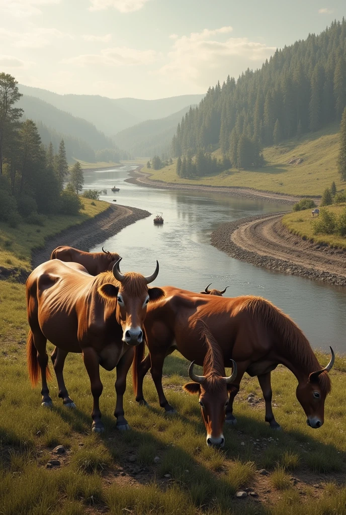Real image of a farm with cattle and horses, that in the background you can see a river with a lot of mud