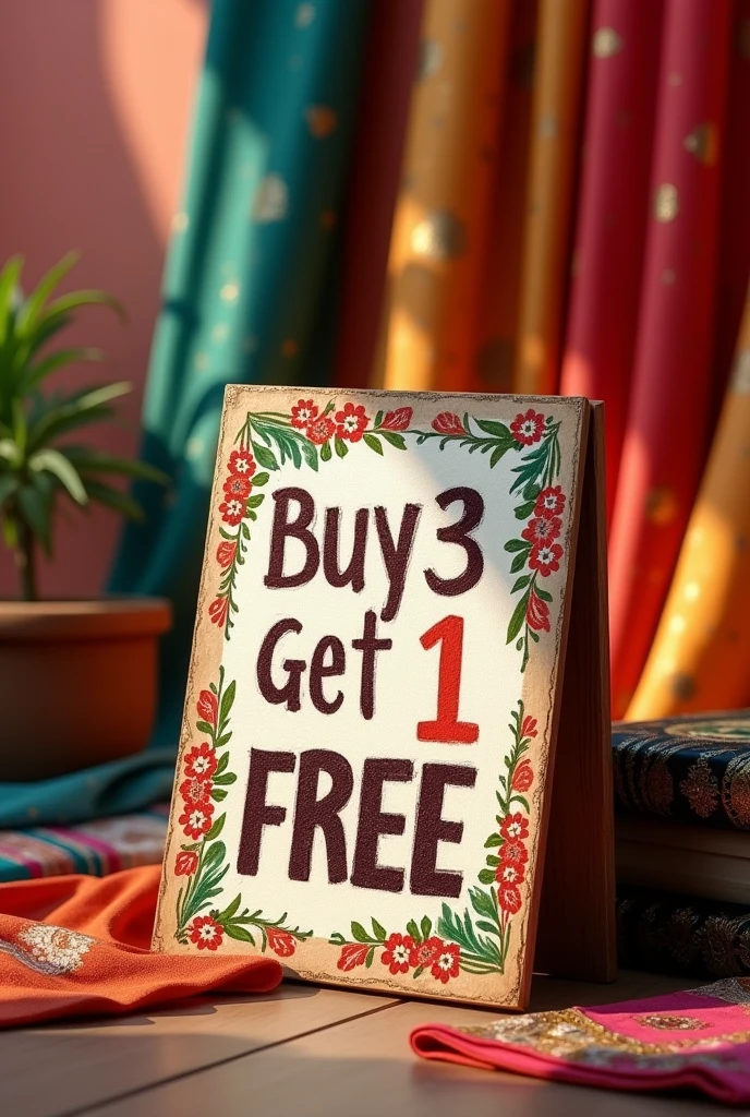 Bye 3 get 1 free wirteen sign bord with some saree decoration at the background