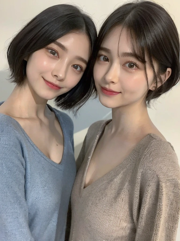 (masterpiece:1.3), (8k, Photoreal, Raw photo, best image quality: 1.4), Japanese high school girl、(random hairstyle:1.2)、cleavage:1.5、super detail face、eye for details、double eyelid、chest to chest、sharp focus:1.2、Beautiful woman:1.4、light brown hair、highest quality、masterpiece、超A high resolution、(Photoreal:1.4)、Highly detailed and professionally lit smiles、loose and light knitwear、shoulder out、thin、serious expression、short haired、deadly position
similar identical twins
All the girls have the exact same face, The two have the same face and figure, as if they were mirror images.