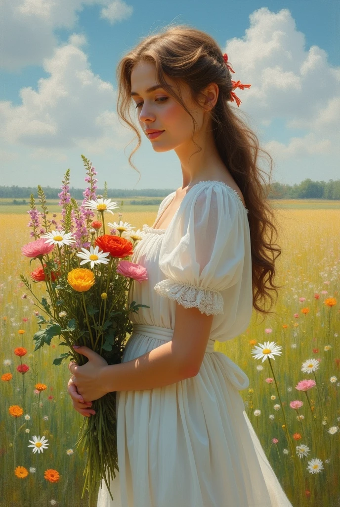 The painting shows a woman in a white dress holding a bouquet of flowers, Bring flowers, Woman in flowers, inspirado em Cynthia Sheppard (Cynthia Sheppard), picking flowers, in a field With flowers, With flowers, Girl in the flowers, Digital Mixed Media, Digital Style, Perphone in spring, Inspired by Pierre Puvis de Chavannes, In a field of flowers