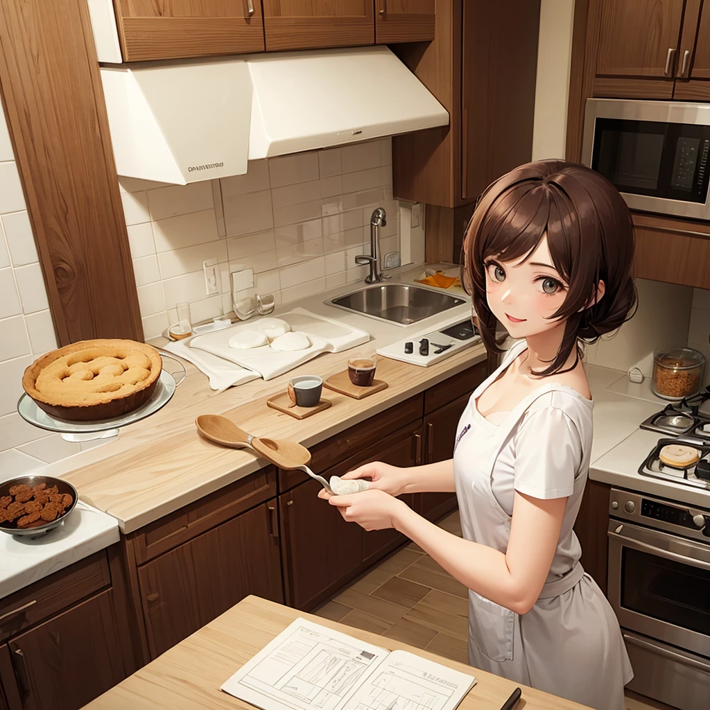 Woman baking cake in the kitchen, 2d cartoon drawing,