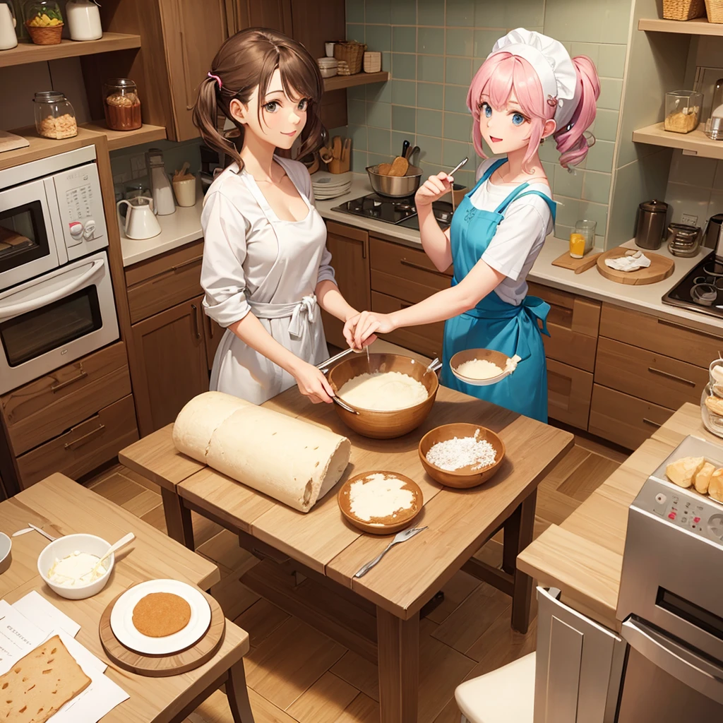 Woman baking cake in the kitchen, 2d cartoon drawing,