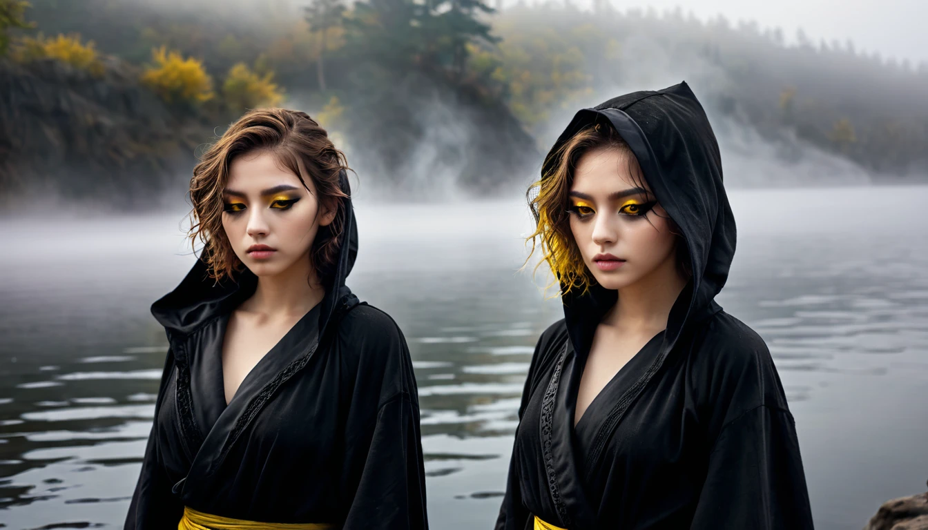 ((masterpiece, Fantasy,One eye closed,Black paint on eyelids and cheeks, Girl)), Brown wavy short hair, Black hooded robe,Heavy Robe,assassin, Yellow Eyes, Lakeside, fog