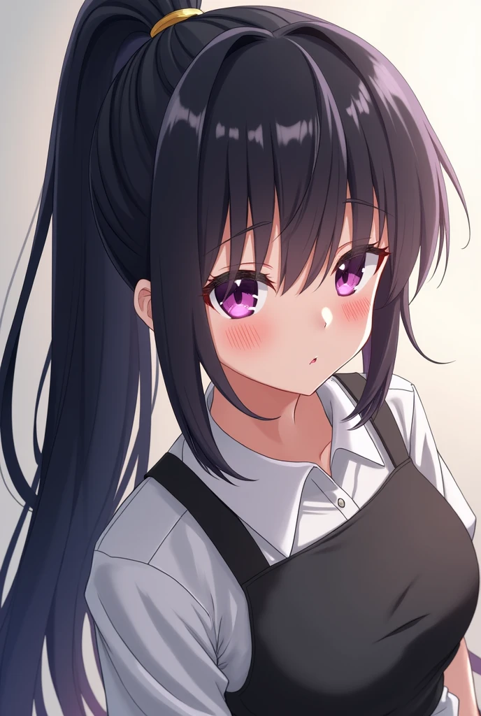Anime character with purpule eyes, long black hair tied in a ponytail