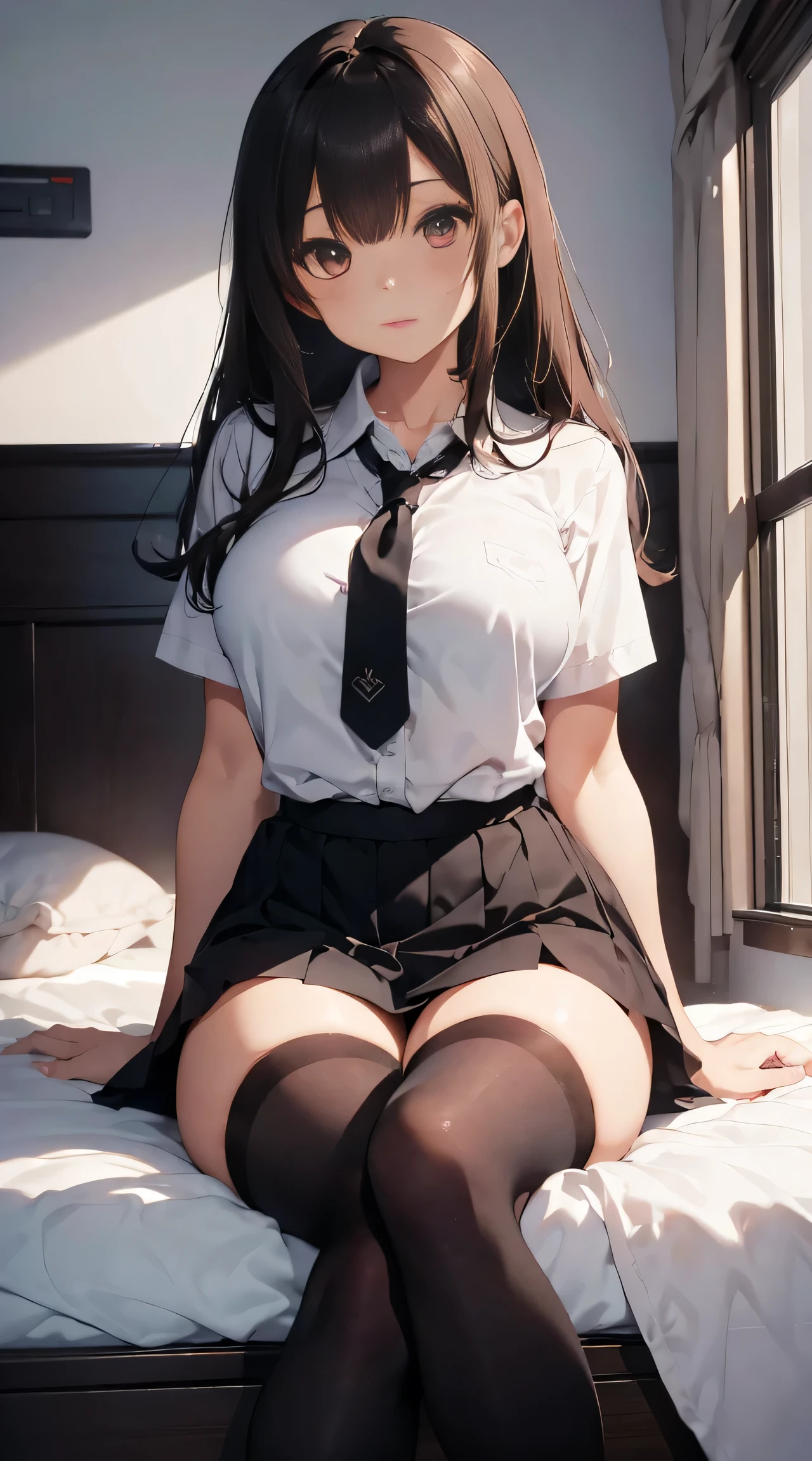 1girl, brown hair, brown eyes, full body shot, school uniform, skirt, sexy black stockings, alone in a bedroom, sitting in bed, sitting, cute, absurdres, high res, ultrasharp, 8K, masterpiece, smooth legs, crossed legs, large breasts, taut clothing, very long hair, swept bangs, tight clothing, clothed breasts, college girl, torogao, red lipstick, eyeliner, very large breasts, skinny, crossed legs, seductive, finger pulling viewer in come here, only white shirt black skirt stockings high heels, very skinny, hourglass figure, long legs, mature, onee-san