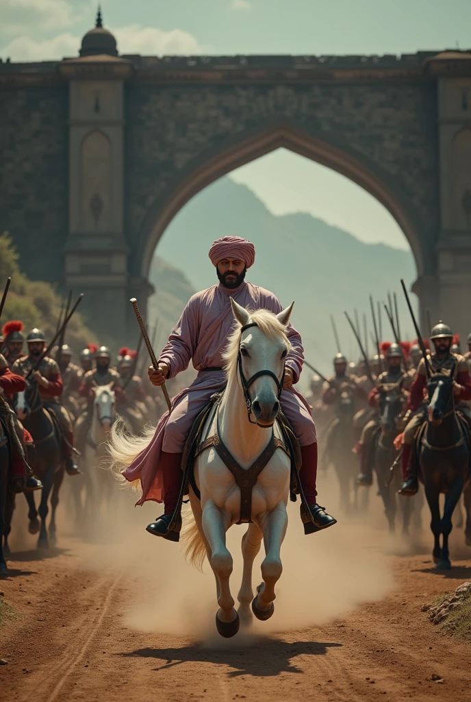 18th century Tipu Sultan of Mysore with bald head and pointed thin moustache wearing a rose turban and pale violet gown holding a turkish arched steel sword in right hand riding a white horse surrounded by his soldiers emerging from 8 feet dark stone arched Indian tunnel charging towards the British soldiers in red uniform who are targeting and firing with muskets in cinematic UHD landscape resolution