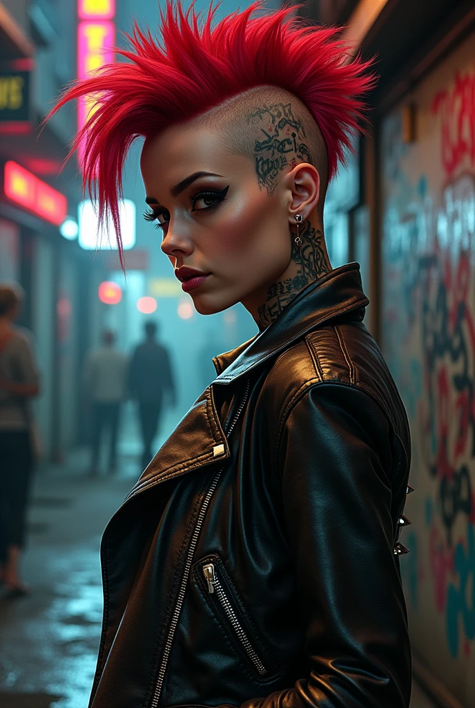 Aqui está a tradução do prompt para o inglês:

/imagine prompt: Punk rock woman, vibrant red mohawk, leather jacket with studs, multiple tattoos, and heavy makeup, dark street with graffiti on the walls and neon lights in the background, rebellious and bold atmosphere, Illustration, detailed digital art with emphasis on shadows and lighting, --ar 16:9 --