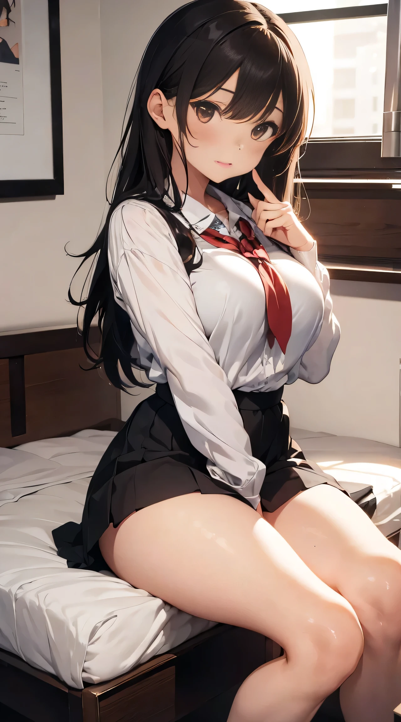1girl, brown hair, brown eyes, full body shot, school uniform, skirt, sexy black stockings, alone in a bedroom, sitting in bed, sitting, cute, absurdres, high res, ultrasharp, 8K, masterpiece, smooth legs, crossed legs, large breasts, taut clothing, very long hair, swept bangs, tight clothing, clothed breasts, college girl, torogao, red lipstick, eyeliner, very large breasts, skinny, crossed legs, seductive, finger pulling viewer in come here, only white shirt black skirt stockings high heels, very skinny, hourglass figure, long legs, mature, onee-san