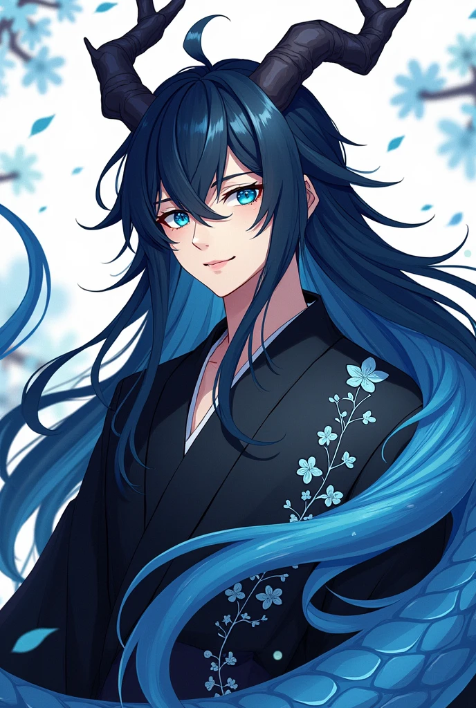 (handsome man with long black hair,Crystal Blue Eyes Japanese Dragon Hybrid,with tail and rounded horns like branches,black haori with sky blue cherry print,anime style blue scales )