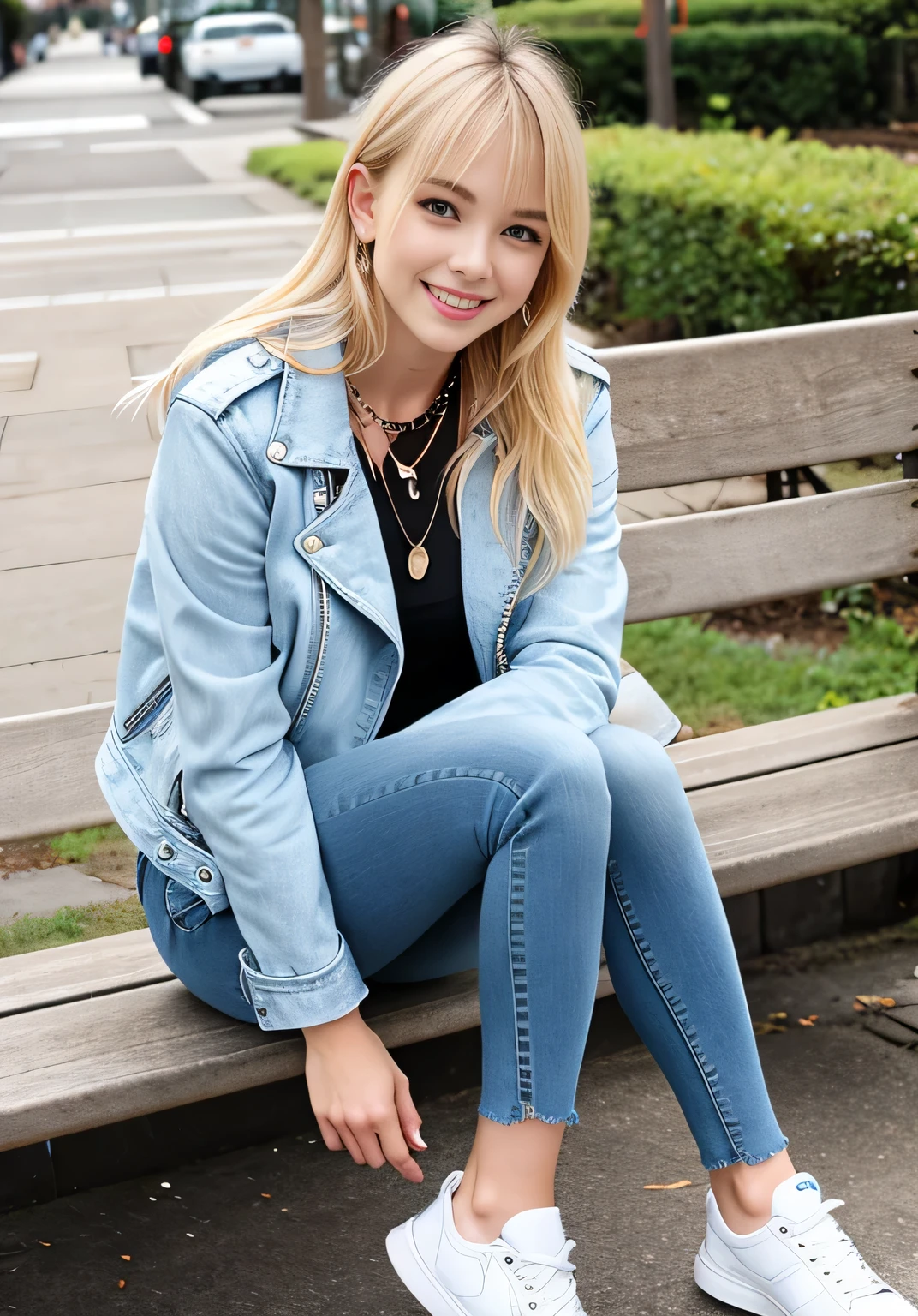 Thin White Woman、sitting on a park bench、Full body photo、smile、Beautiful teeth alignment、Blonde Hair、Blue eyes、Short Haircut、Wavy Hair、leather jacket、shirt、Skinny jeans、sneakers、Ear piercing、Necklace around the neck、