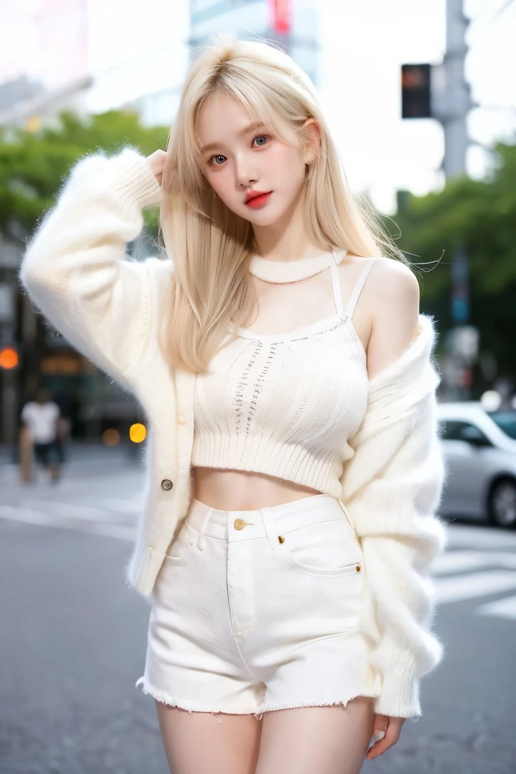 1 Girl, Beautiful, , 20 Years Old, White Skin, Large Breasts, white sweater, super shorts denim, Skinny, Posing For Photos in The city, Tokyo city, blonde hair, messy hair, ((adorable:1.1)), ((masterpiece:1.1)), Sleepy Cute Face, dynamic poses, realistic, very realistic, full body figure, long legs, sexy thigh