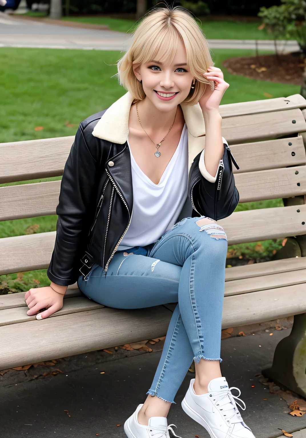 Thin White Woman、sitting on a park bench、Full body photo、smile、Beautiful teeth alignment、Blonde Hair、Blue eyes、Short Haircut、Wavy Hair、leather jacket、shirt、Skinny jeans、sneakers、Ear piercing、Necklace around the neck、