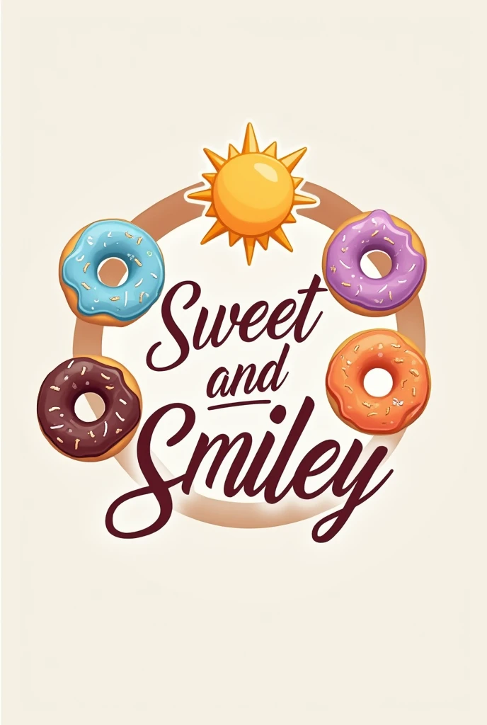"Logo featuring the word 'Sweet and Smiley' in large, elegant letters, with a modern and fun style. The text is white or cream in color, with a thin outline of intense color such as red or violet.
In the background, a semi-realistic image of the moon and the sun, superimposed in a circular design. La luna es de color azul claro o purple suave. Both elements are linked by a donut design that forms a circle around the word 'Sweets and Smiles'.
The donuts are designed in a stylized manner, with pastel colors like blue, purple, Orange and yellow. Each donut has a unique design, with icing and decorations that merge with the moon and the sun.
The logo conveys a sense of sweetness, fun and energy, Perfect for a donut brand looking to be engaging and memorable. The combination of the moon and the sun represents the duality of life, while donuts symbolize pleasure and enjoyment."