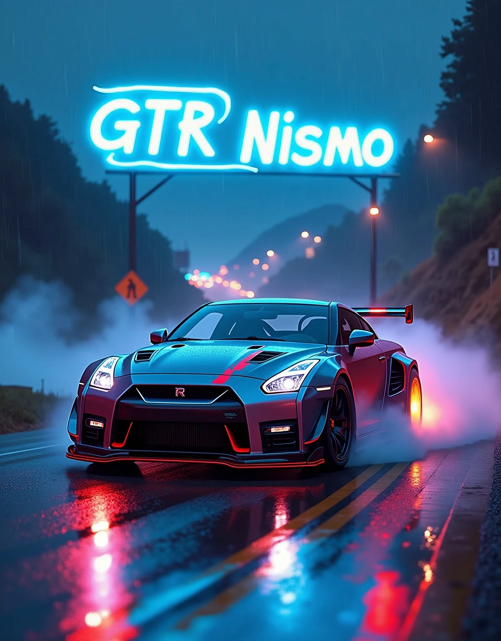 (masterpiece), best quality, ultra-detailed, 8K), a 2024 GTR Nismo with electric Blue text in a 3D font that spells out "GTR Nismo" at the top of the picture above the GTR Nismo, street racing-inspired, Drifting inspired, LED, ((Twin headlights)), (((Bright neon color racing stripes))), (Black racing wheels), Wheel spin showing motion, Show car in motion, Burnout, wide body kit, modified car, racing livery, masterpiece, best quality, realistic, ultra highres, (((depth of field))), (full dual color neon lights:1.2), (hard dual color lighting:1.4), (detailed background), (masterpiece:1.2), (ultra detailed), (best quality), intricate, comprehensive cinematic, magical photography, (gradients), glossy, Drifting, going fast, night, bright yellow headlights, setting USA Oregon's Mountain roads, No text on signs, Late night time, Set in a rain storm with lightning,1 car., Nature, model shoot style, Fast action style, Sideways drifting in to a turn, Red and black cars, Night with galaxy sky, Fast action style, fire out of tail pipes, Sideways drifting in to a turn, Neon galaxy metallic paint with race stripes, aesthetic, intricate, realistic, cinematic lighting, Neon Paint, streaks of fire,