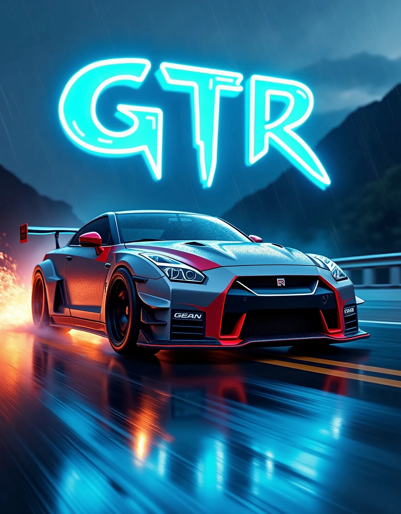 (masterpiece), best quality, ultra-detailed, 8K), a 2024 GTR Nismo with electric Blue text in a 3D font that spells out "GTR Nismo" at the top of the picture above the GTR Nismo, street racing-inspired, Drifting inspired, LED, ((Twin headlights)), (((Bright neon color racing stripes))), (Black racing wheels), Wheel spin showing motion, Show car in motion, Burnout, wide body kit, modified car, racing livery, masterpiece, best quality, realistic, ultra highres, (((depth of field))), (full dual color neon lights:1.2), (hard dual color lighting:1.4), (detailed background), (masterpiece:1.2), (ultra detailed), (best quality), intricate, comprehensive cinematic, magical photography, (gradients), glossy, Drifting, going fast, night, bright yellow headlights, setting USA Oregon's Mountain roads, No text on signs, Late night time, Set in a rain storm with lightning,1 car., Nature, model shoot style, Fast action style, Sideways drifting in to a turn, Red and black cars, Night with galaxy sky, Fast action style, fire out of tail pipes, Sideways drifting in to a turn, Neon galaxy metallic paint with race stripes, aesthetic, intricate, realistic, cinematic lighting, Neon Paint, streaks of fire,