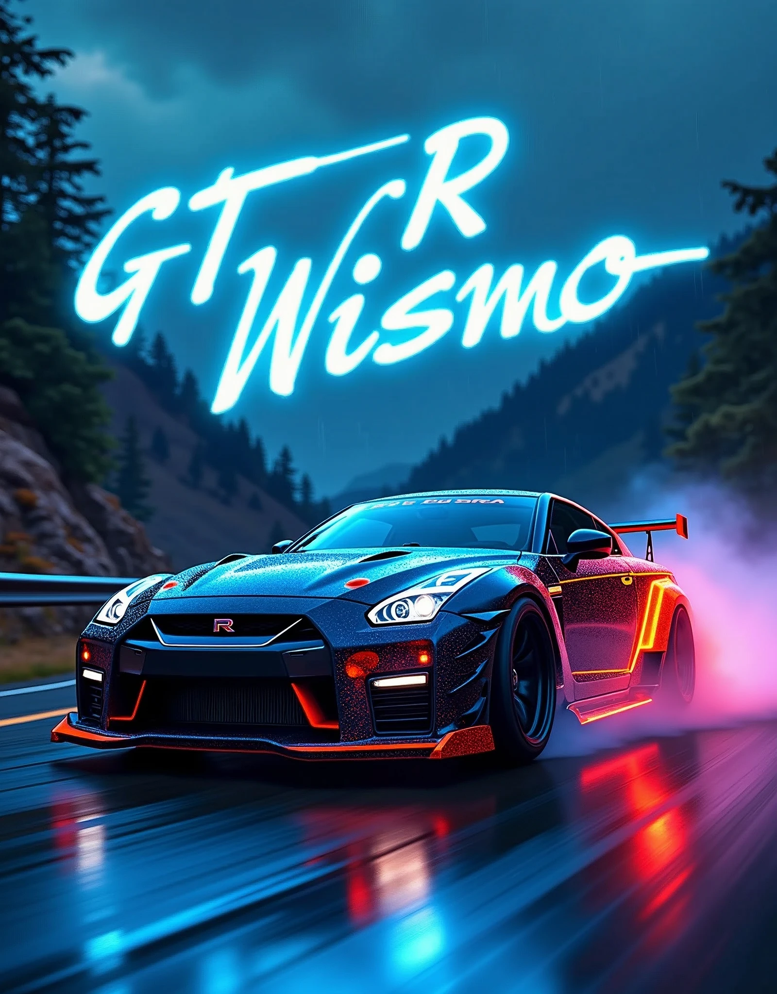 (masterpiece), best quality, ultra-detailed, 8K), a 2024 GTR Nismo with electric Blue text in a 3D font that spells out "GTR Nismo" at the top of the picture above the GTR Nismo, street racing-inspired, Drifting inspired, LED, ((Twin headlights)), (((Bright neon color racing stripes))), (Black racing wheels), Wheel spin showing motion, Show car in motion, Burnout, wide body kit, modified car, racing livery, masterpiece, best quality, realistic, ultra highres, (((depth of field))), (full dual color neon lights:1.2), (hard dual color lighting:1.4), (detailed background), (masterpiece:1.2), (ultra detailed), (best quality), intricate, comprehensive cinematic, magical photography, (gradients), glossy, Drifting, going fast, night, bright yellow headlights, setting USA Oregon's Mountain roads, No text on signs, Late night time, Set in a rain storm with lightning,1 car., Nature, model shoot style, Fast action style, Sideways drifting in to a turn, Red and black cars, Night with galaxy sky, Fast action style, fire out of tail pipes, Sideways drifting in to a turn, Neon galaxy metallic paint with race stripes, aesthetic, intricate, realistic, cinematic lighting, Neon Paint, streaks of fire,