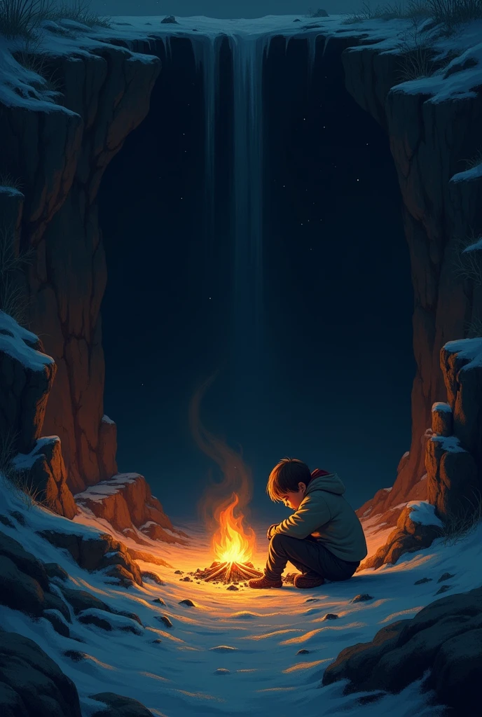 At night time,a boy inside a large hole and ther is a leader for escape from that. But because of cold at night he cuts some of the steps from and made a campfire for reducing cold and he is sitting near to that 