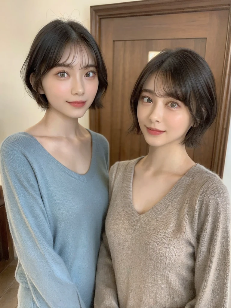 (masterpiece:1.3), (8k, Photoreal, Raw photo, best image quality: 1.4), Japanese high school girl、(random hairstyle:1.2)、cleavage:1.5、super detail face、eye for details、double eyelid、chest to chest、sharp focus:1.2、Beautiful woman:1.4、light brown hair、highest quality、masterpiece、超A high resolution、(Photoreal:1.4)、Highly detailed and professionally lit smiles、loose and light knitwear、shoulder out、thin、serious expression、short haired、deadly position
similar identical twins
All the girls have the exact same face, The two have the same face and figure, as if they were mirror images.