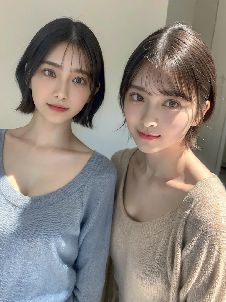 (masterpiece:1.3), (8k, Photoreal, Raw photo, best image quality: 1.4), Japanese high school girl、(random hairstyle:1.2)、cleavage:1.5、super detail face、eye for details、double eyelid、chest to chest、sharp focus:1.2、Beautiful woman:1.4、light brown hair、highest quality、masterpiece、超A high resolution、(Photoreal:1.4)、Highly detailed and professionally lit smiles、loose and light knitwear、shoulder out、thin、serious expression、short haired、deadly position
similar identical twins
All the girls have the exact same face, The two have the same face and figure, as if they were mirror images.