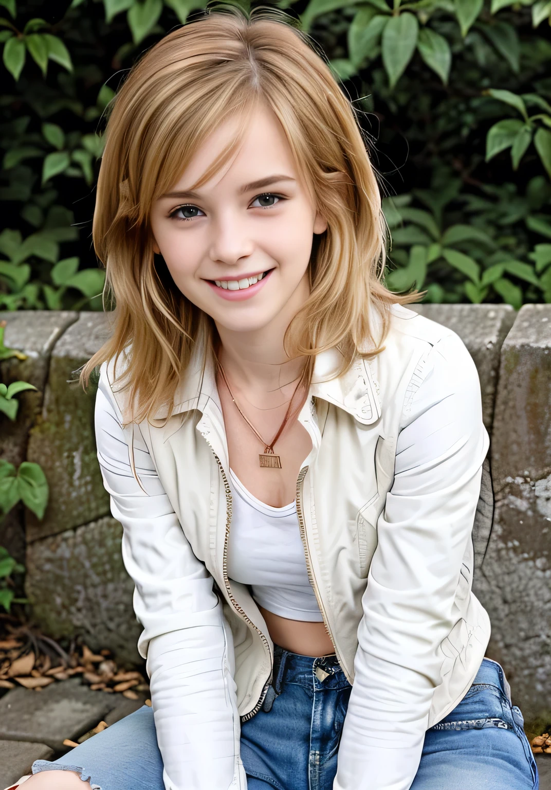 Thin White Woman、sitting on a park bench、Full body photo、smile、Beautiful teeth alignment、Blonde Hair、Blue eyes、Short Haircut、Wavy Hair、leather jacket、shirt、Skinny jeans、sneakers、Ear piercing、Necklace around the neck、