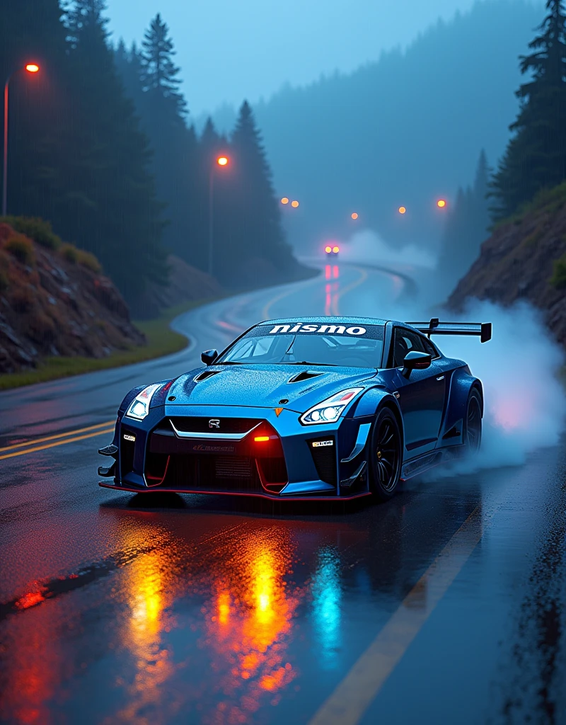 (masterpiece), best quality, ultra-detailed, 8K), a 2024 GTR Nismo with electric Blue text in a 3D font that spells out "GTR Nismo" at the top of the picture above the GTR Nismo, street racing-inspired, Drifting inspired, LED, ((Twin headlights)), (((Bright neon color racing stripes))), (Black racing wheels), Wheel spin showing motion, Show car in motion, Burnout, wide body kit, modified car, racing livery, masterpiece, best quality, realistic, ultra highres, (((depth of field))), (full dual color neon lights:1.2), (hard dual color lighting:1.4), (detailed background), (masterpiece:1.2), (ultra detailed), (best quality), intricate, comprehensive cinematic, magical photography, (gradients), glossy, Drifting, going fast, night, bright yellow headlights, setting USA Oregon's Mountain roads, No text on signs, Late night time, Set in a rain storm with lightning,1 car., Nature, model shoot style, Fast action style, Sideways drifting in to a turn, Red and black cars, Night with galaxy sky, Fast action style, fire out of tail pipes, Sideways drifting in to a turn, Neon galaxy metallic paint with race stripes, aesthetic, intricate, realistic, cinematic lighting, Neon Paint, streaks of fire,