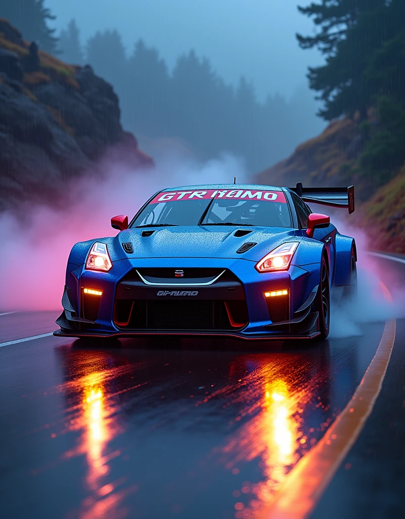 (masterpiece), best quality, ultra-detailed, 8K), a 2024 GTR Nismo with electric Blue text in a 3D font that spells out "GTR Nismo" at the top of the picture above the GTR Nismo, street racing-inspired, Drifting inspired, LED, ((Twin headlights)), (((Bright neon color racing stripes))), (Black racing wheels), Wheel spin showing motion, Show car in motion, Burnout, wide body kit, modified car, racing livery, masterpiece, best quality, realistic, ultra highres, (((depth of field))), (full dual color neon lights:1.2), (hard dual color lighting:1.4), (detailed background), (masterpiece:1.2), (ultra detailed), (best quality), intricate, comprehensive cinematic, magical photography, (gradients), glossy, Drifting, going fast, night, bright yellow headlights, setting USA Oregon's Mountain roads, No text on signs, Late night time, Set in a rain storm with lightning,1 car., Nature, model shoot style, Fast action style, Sideways drifting in to a turn, Red and black cars, Night with galaxy sky, Fast action style, fire out of tail pipes, Sideways drifting in to a turn, Neon galaxy metallic paint with race stripes, aesthetic, intricate, realistic, cinematic lighting, Neon Paint, streaks of fire,