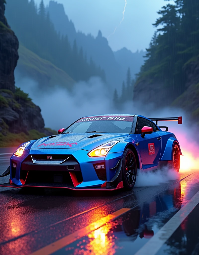 (masterpiece), best quality, ultra-detailed, 8K), a 2024 GTR Nismo with electric Blue text in a 3D font that spells out "GTR Nismo" at the top of the picture above the GTR Nismo, street racing-inspired, Drifting inspired, LED, ((Twin headlights)), (((Bright neon color racing stripes))), (Black racing wheels), Wheel spin showing motion, Show car in motion, Burnout, wide body kit, modified car, racing livery, masterpiece, best quality, realistic, ultra highres, (((depth of field))), (full dual color neon lights:1.2), (hard dual color lighting:1.4), (detailed background), (masterpiece:1.2), (ultra detailed), (best quality), intricate, comprehensive cinematic, magical photography, (gradients), glossy, Drifting, going fast, night, bright yellow headlights, setting USA Oregon's Mountain roads, No text on signs, Late night time, Set in a rain storm with lightning,1 car., Nature, model shoot style, Fast action style, Sideways drifting in to a turn, Red and black cars, Night with galaxy sky, Fast action style, fire out of tail pipes, Sideways drifting in to a turn, Neon galaxy metallic paint with race stripes, aesthetic, intricate, realistic, cinematic lighting, Neon Paint, streaks of fire,