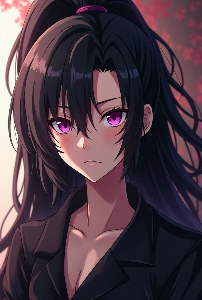 cool male anime character with purpule eyes, long black hair tied in a ponytail, intimidating