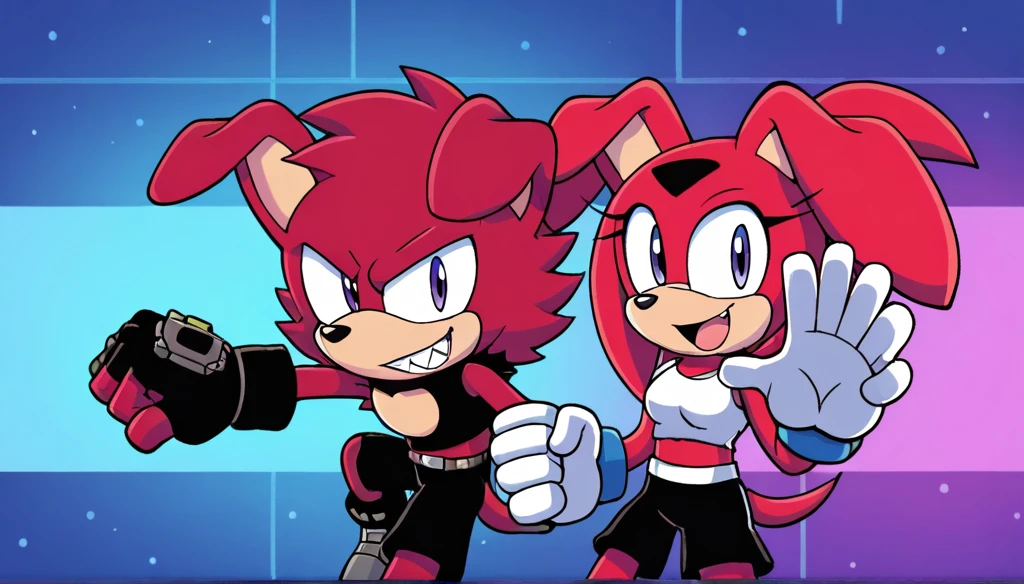 Custom avatar, red dog character, wearing black shorts, in the cyberspace￼, cgi backround, doing a dyamic pose,