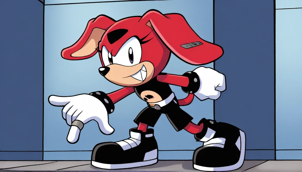 Custom avatar, red dog character, wearing black shorts, in the cyberspace, cgi backround, doing a dyamic pose,