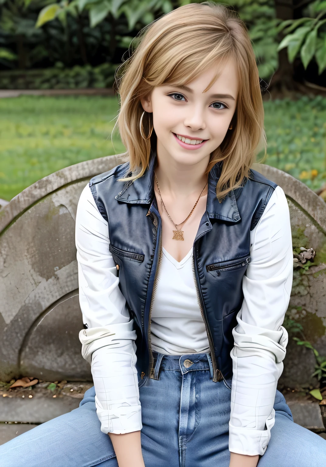 Thin White Woman、sitting on a park bench、Full body photo、smile、Beautiful teeth alignment、Blonde Hair、Blue eyes、Short Haircut、Wavy Hair、leather jacket、shirt、Skinny jeans、sneakers、Ear piercing、Necklace around the neck、