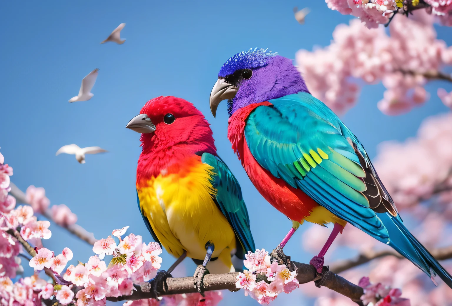 2 birds,Cherry Tree,Brightly colored birds, Colorful HD images, Long colorful bird, Multicolored birds, Colorful 8 k, Beautiful and colorful, Surreal Bird, a Surreal Bird, Colorful feathers, Colorful 4K, Beautiful colorful, Colourful and detailed, Vivid and rich colors, Beautiful and vibrant colors, Vibrant and realistic colors