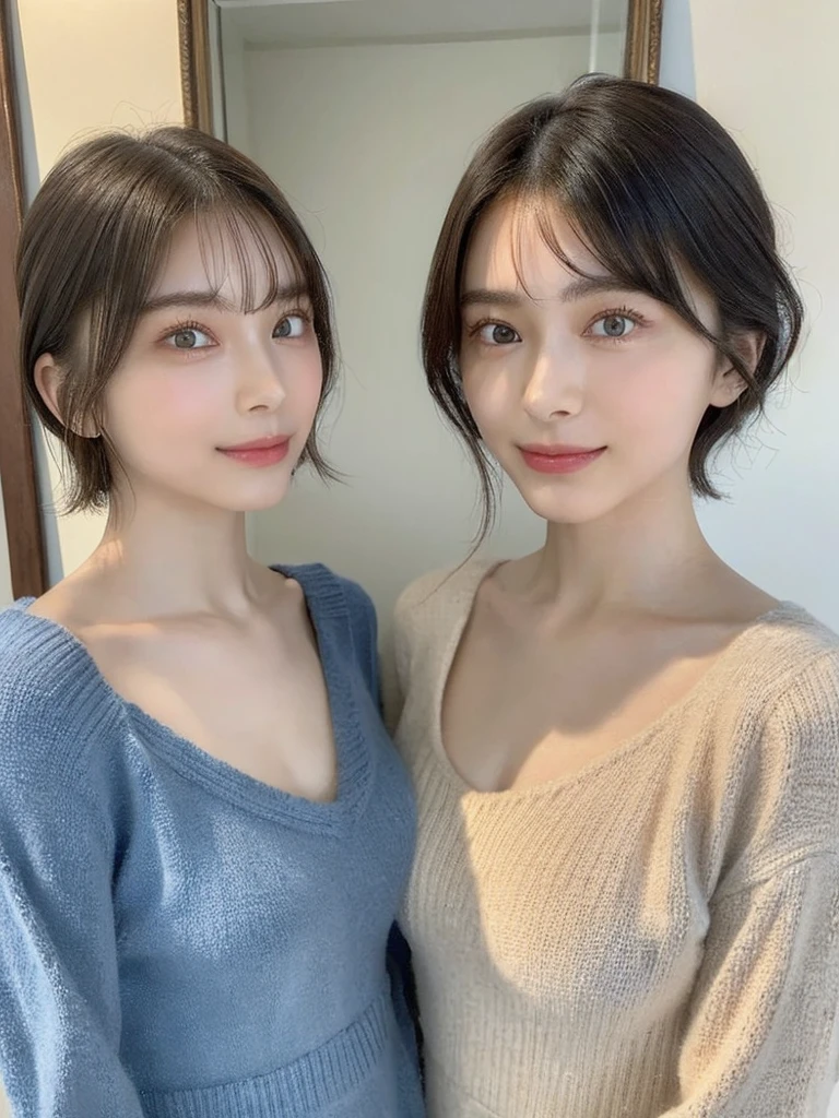(masterpiece:1.3), (8k, Photoreal, Raw photo, best image quality: 1.4), Japanese high school girl、(random hairstyle:1.2)、cleavage:1.5、super detail face、eye for details、double eyelid、chest to chest、sharp focus:1.2、Beautiful woman:1.4、light brown hair、highest quality、masterpiece、超A high resolution、(Photoreal:1.4)、Highly detailed and professionally lit smiles、loose and light knitwear、shoulder out、thin、serious expression、short haired、deadly position
similar identical twins
All the girls have the exact same face, The two have the same face and figure, as if they were mirror images.