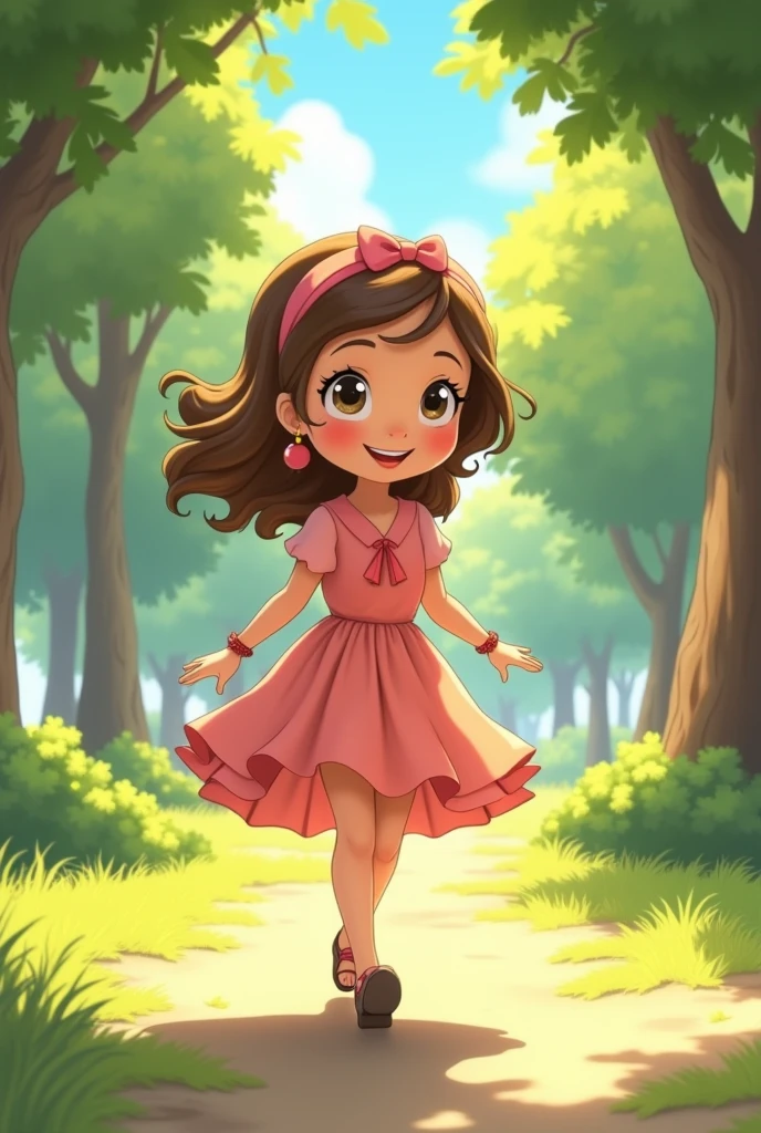 a cartoon character of a graceful and happy girl walking through a park