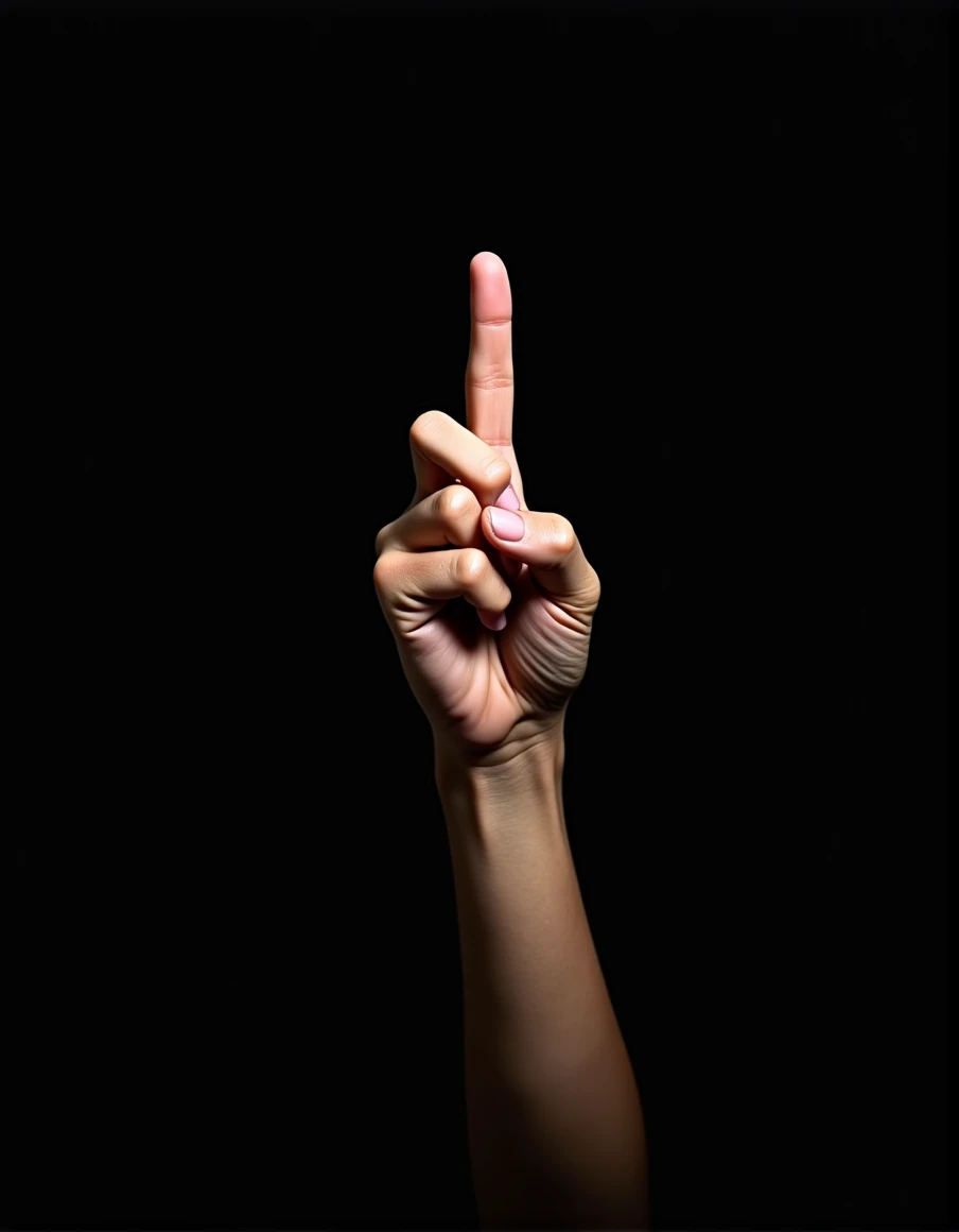 Create an image with a finger in front of a mouth making a silence sign with a realistic black background
