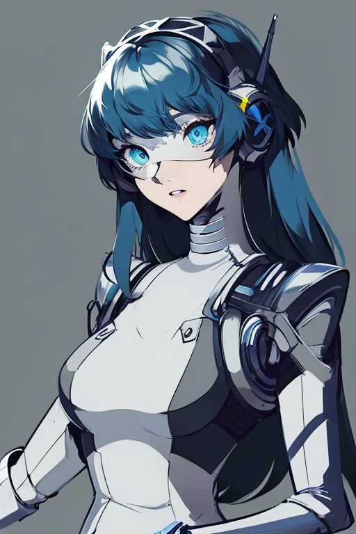 empty eyes,robotization,woman ,big bust,Robot Joint ,Metal skin,Black Suit,long hair,a suit that covers the whole body,aegis(persona3)