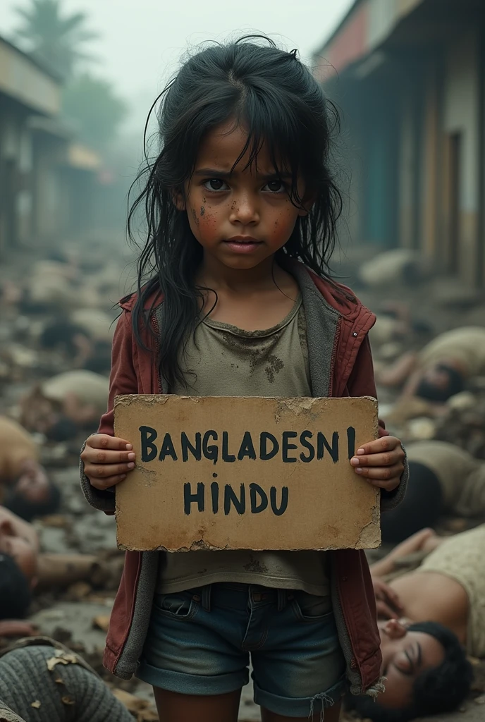 Girl was crying like he'll, her cloths was dirty and tear.
There is lots of dead body behind her.
Girl was holding board as bangladeshi hindu.