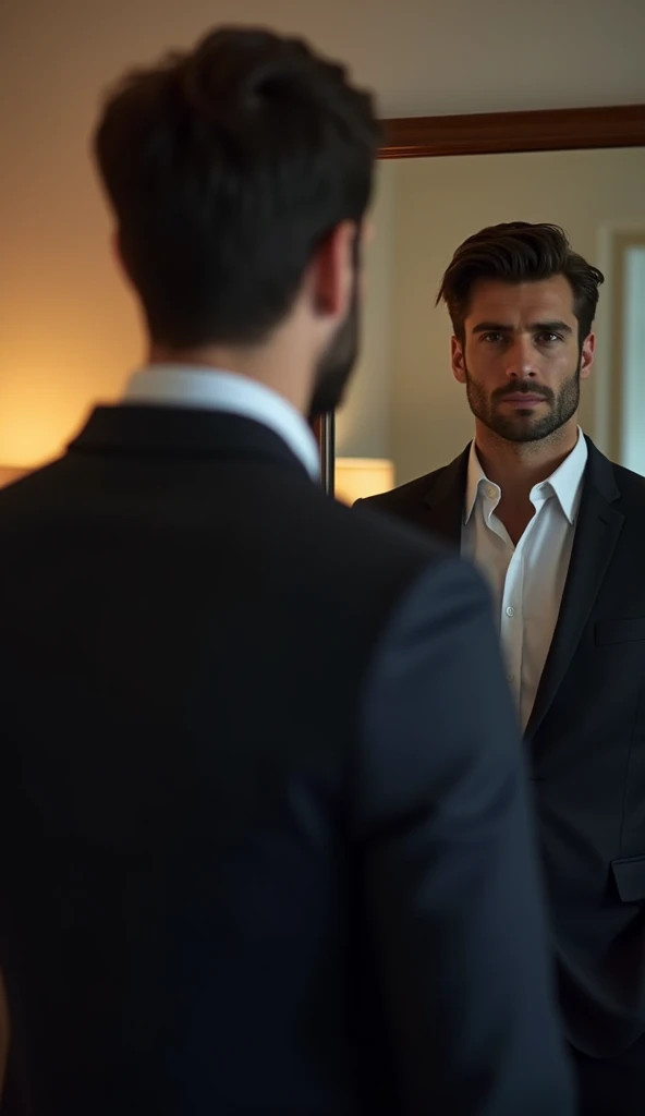 a full Portrait of a businessman in a room standing behind his mirror in the bedroom in a suit watching himself in the mirror, this man must be handsome and with little elegant hair the image must be clear and in 8k and behind him you must see New York