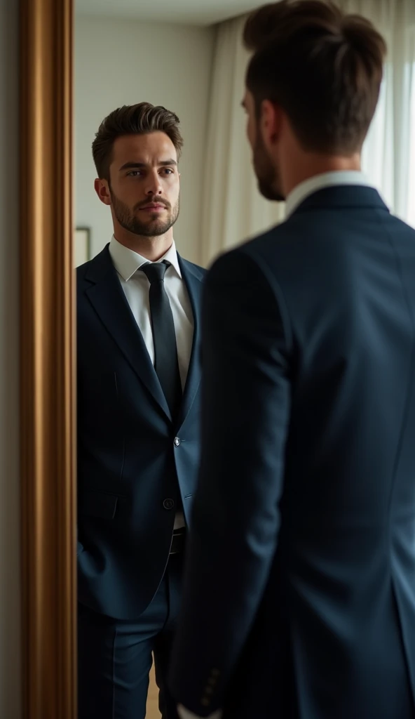 a full Portrait of a businessman in a room standing behind his mirror in the bedroom in a suit watching himself in the mirror, this man must be handsome and with little elegant hair the image must be clear and in 8k and behind him you must see New York