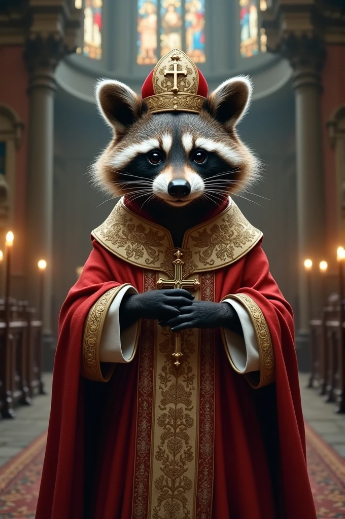A raccoon dressed as a priest