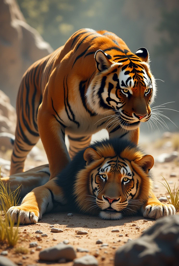 Make a tiger strong WINNING a fight against a lion on the ground Losing lost,o tiger thot what is it