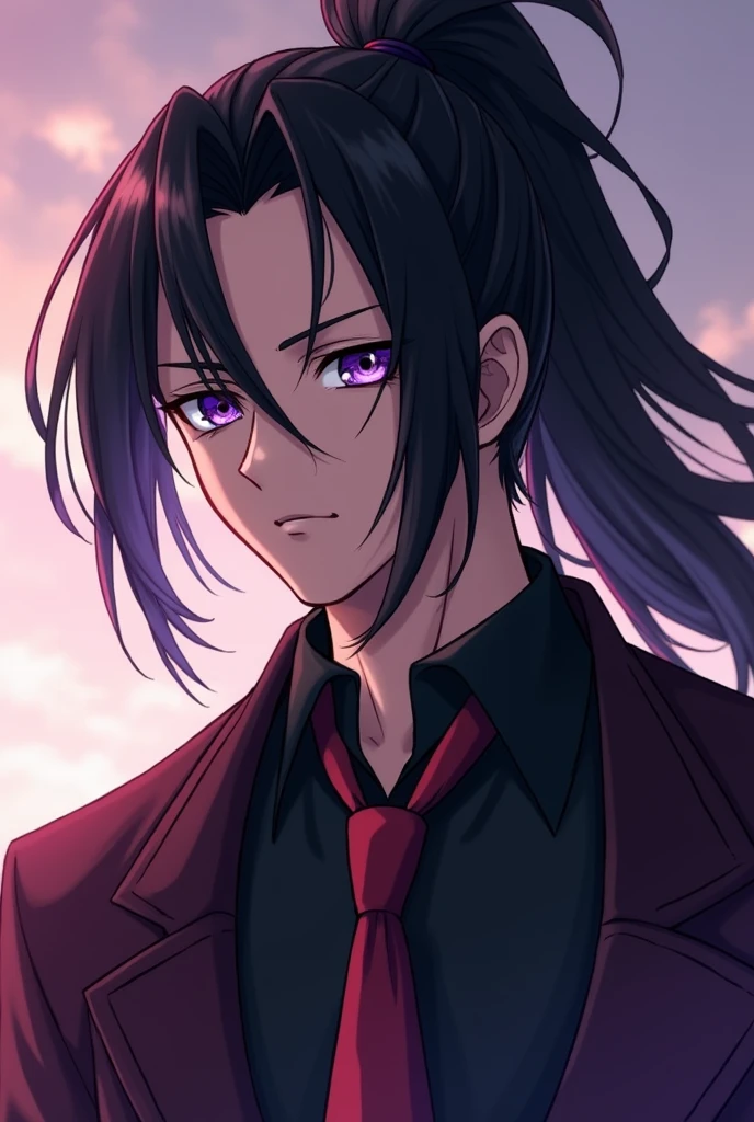 cool male anime character with purpule eyes, long black hair tied in a ponytail, intimidating, man, hot, handsome