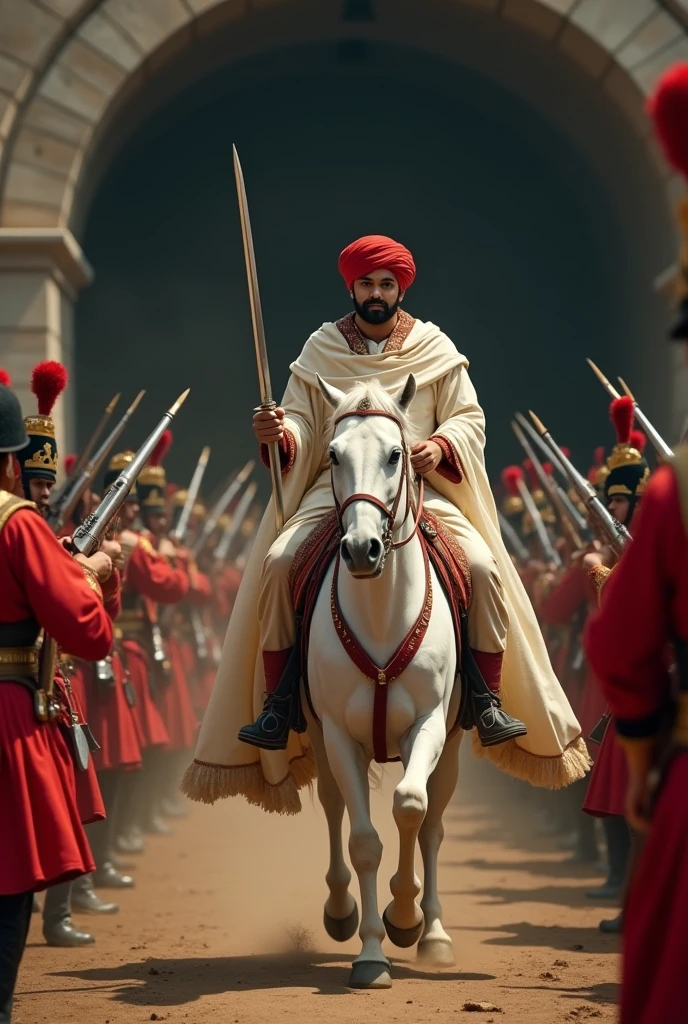 18th century Tipu Sultan of Mysore with bald head and pointed thin moustache with clean chin wearing a red turban and a silky white gown holding a turkish  arched steel sword in right hand riding a white horse surrounded  by his soldiers  emerging from 8 feet dark stone arched Indian tunnel charging towards the British soldiers in red uniform who are targeting and firing with muskets in cinematic UHD landscape resolution 

