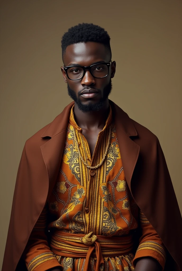 (photorealism:1.2), a young black handsome man wearing a brown cape,wearing African clothing, black oversized glasses and no beard watching the camera.
