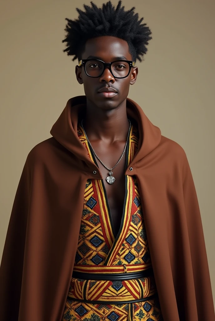 (photorealism:1.2), a young black handsome man wearing a brown cape,wearing African clothing, black oversized glasses and no beard watching the camera.
